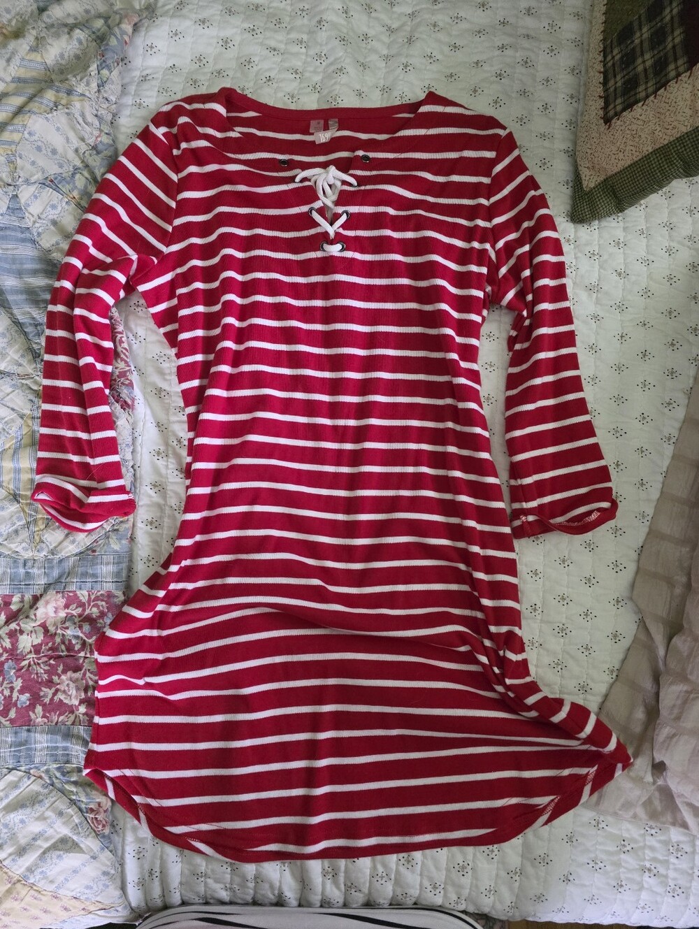 Red and White Striped Lace-Up Top M